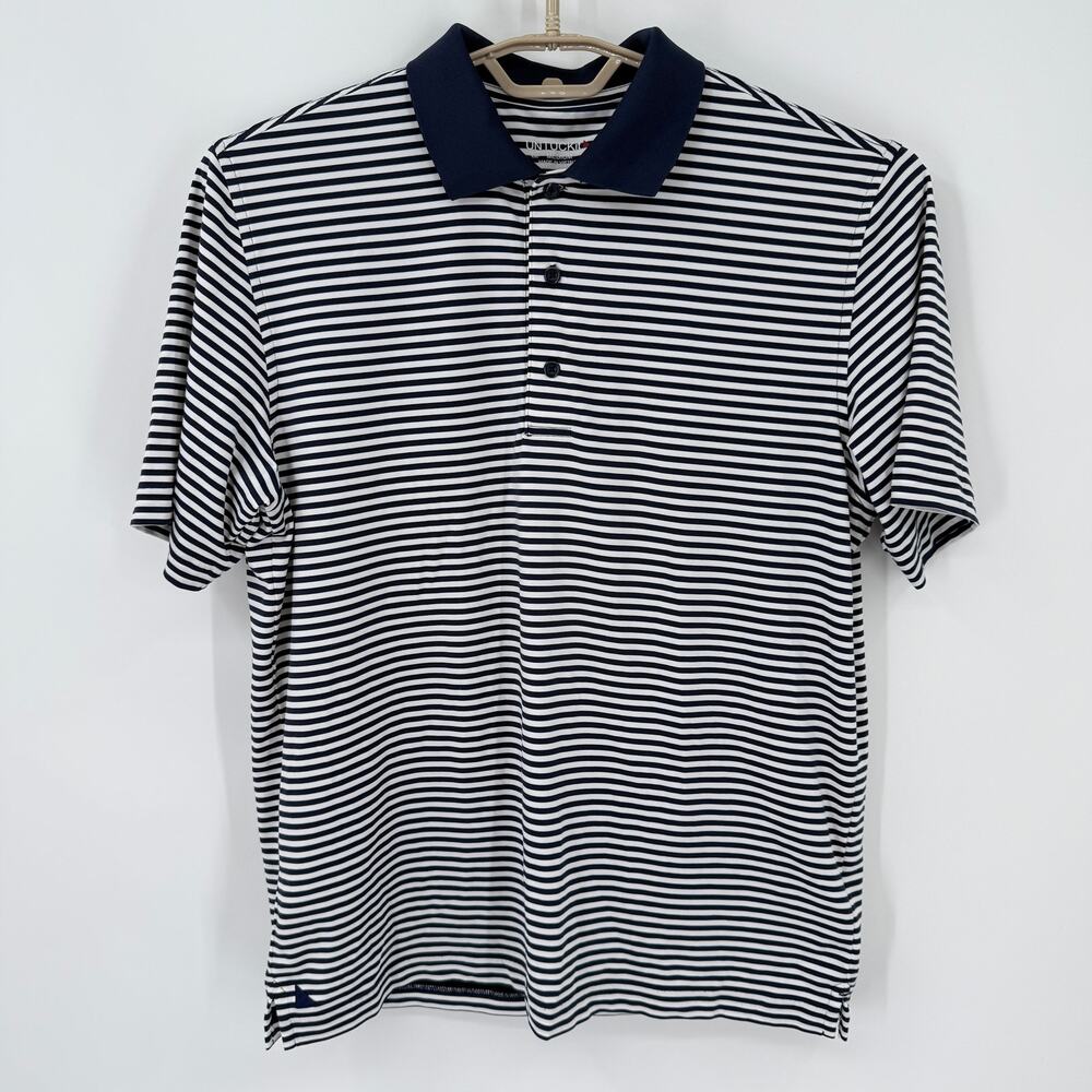 Untuckit Mens Cronos Feeder Blue Stripe Performance Golf Polo Shirt Size Medium